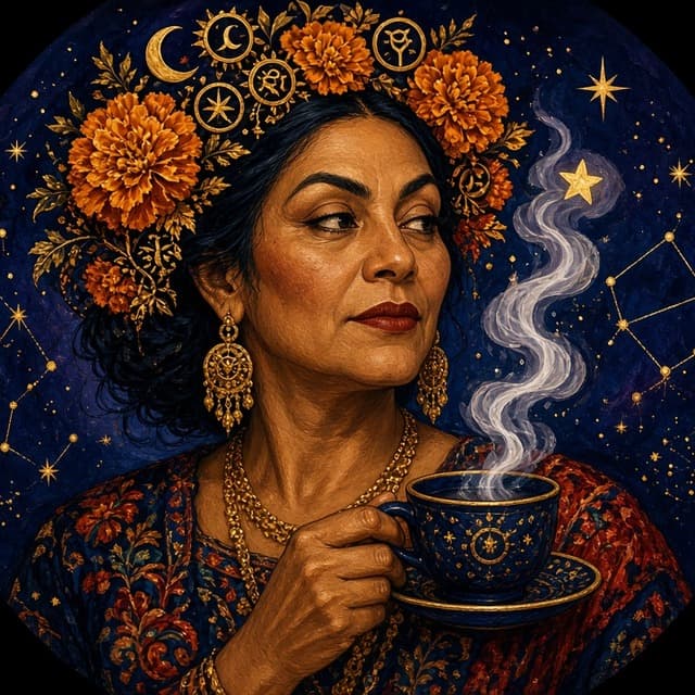 Tu tía, con corona de cempasúchil y un cafecito